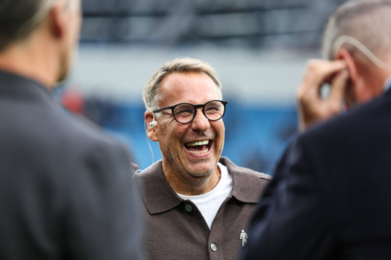 Premier League Manchester City v Arsenal Paul Merson former Arsenal player now Television pundit enjoys a joke ahead the
