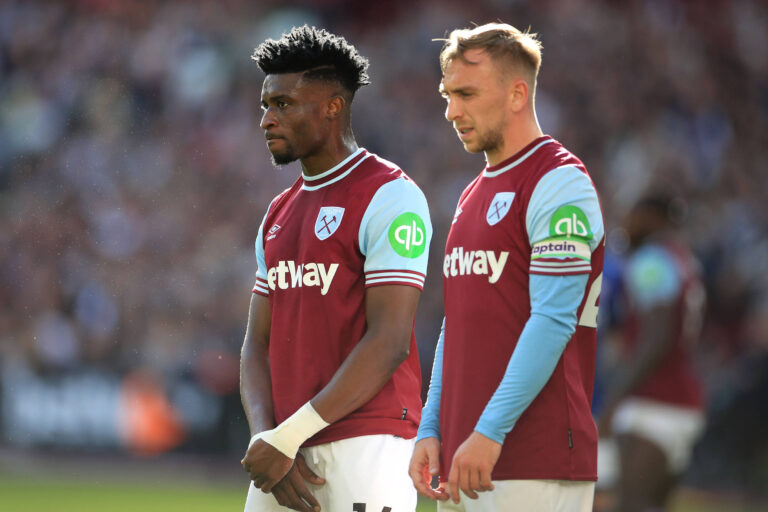 Mohammed Kudus of West Ham United with Jarrod Bowen of West Ham United during the Premier League match between West Ham