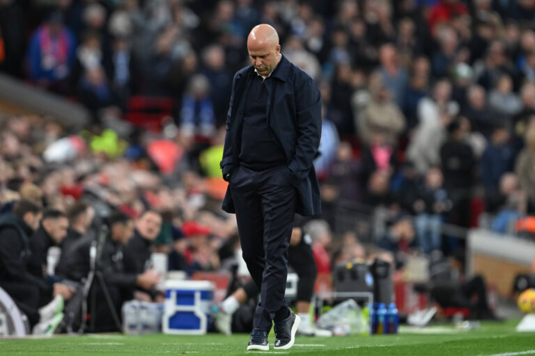 Premier League Liverpool v Brighton and Hove Albion Arne Slot Head Coach of Liverpool looks dejected during the Premier