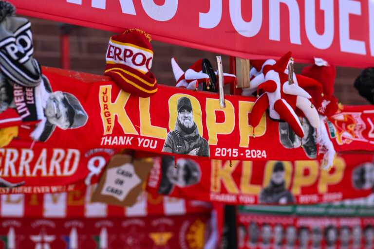Premier League Liverpool v Wolverhampton Wanderers A Jurgen Klopp Scarf on a Souvenir stalls outside Anfield ahead of th