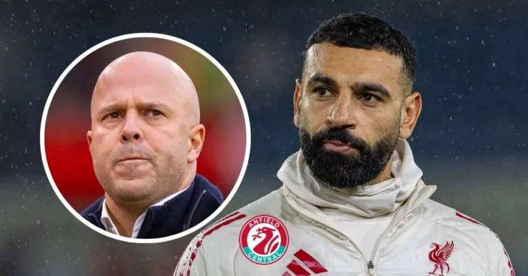 Mohamed Salah looking at Arne Slot in a circular insert.